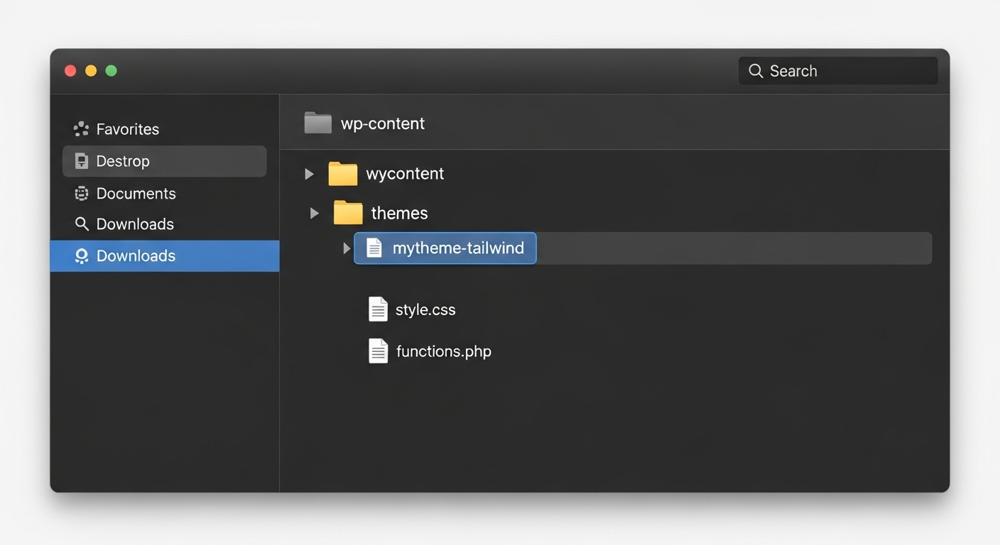 Folder structure of a WordPress child theme for Tailwind CSS setup.